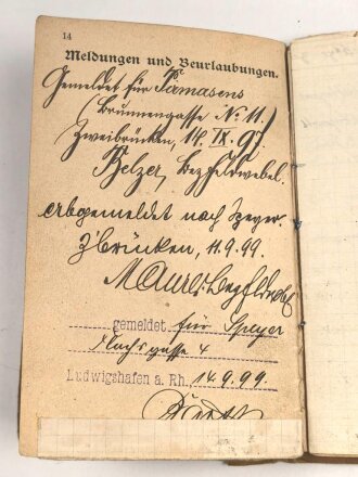 Bayern, Militärpaß für einen 1895 beim Pionier Bataillon 2 eingetretenen Pirmasenser. Im 1. Weltkrieg bei der 1.Landwehr Pionier Kompanie an den Stellungskämpfen in Lothringen teilgenommen.