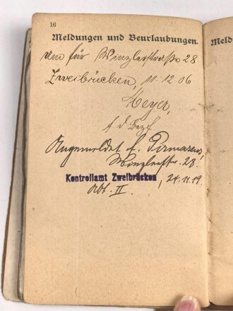 Bayern, Militärpaß für einen 1895 beim Pionier Bataillon 2 eingetretenen Pirmasenser. Im 1. Weltkrieg bei der 1.Landwehr Pionier Kompanie an den Stellungskämpfen in Lothringen teilgenommen.