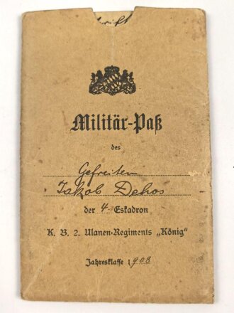 Bayern,  Militärpaß mit Hülleeines Angehörigen im 2. bayrischen Ulanen Regiment. Ausgebildet mit Stahlrohrlanze und Karabiner 98. Ostfeldzug, am 12.2.1919 aus dem Heere entlassen  nach Harthausen, Bezirkskommando Neustadt / Haardt.
