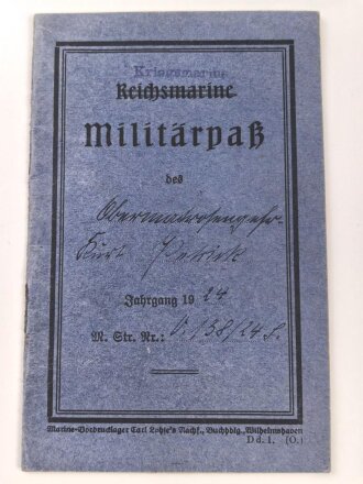 Reichsmarine Militärpaß, eingetreten 1924 bei 7. Kompanie Schiffstammdivision der Ostsee. Schießauszeichnung für Gewehr Stufe 1,