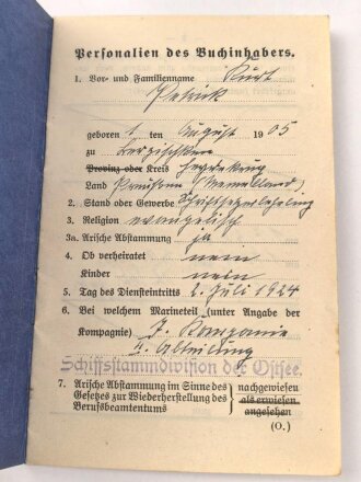 Reichsmarine Militärpaß, eingetreten 1924 bei...