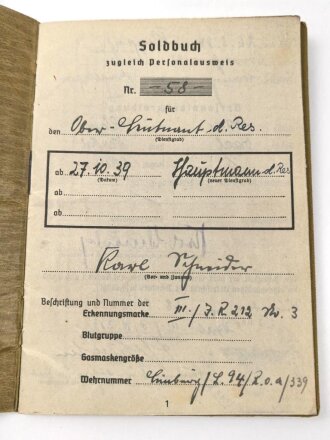 Soldbuch Heer , ausgestellt am 28.8.1939 bei Stab...