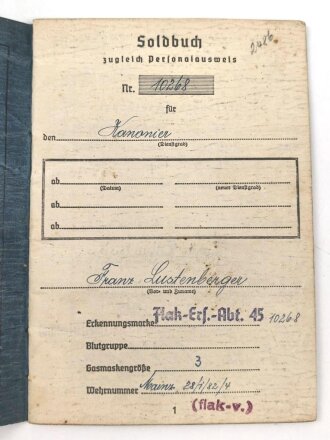 Soldbuch Luftwaffe, ausgestellt am 18.1.1945 bei...