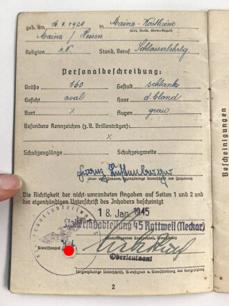 Soldbuch Luftwaffe, ausgestellt am 18.1.1945 bei Flakersatzabteilung 45 Rottweil.