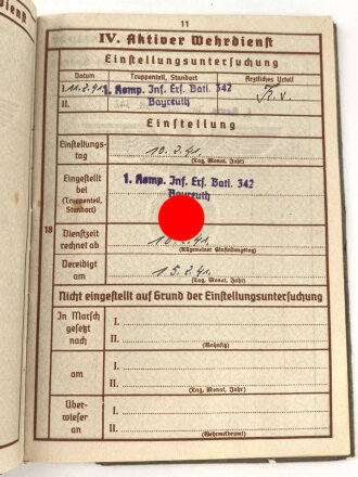 Wehrpaß Heer, eingestellt am 10.2.41 bei Infanterie Ersatz Btl. 342 Bayreuth.