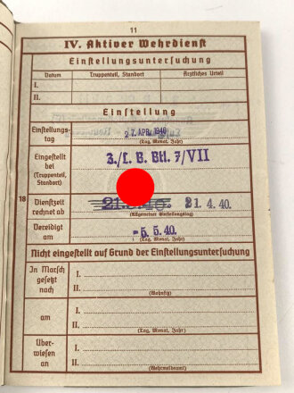 Wehrpaß Luftwaffe, eingestellt am 27.4.1940 bei Luftwaffe Bau Btl. 7.
