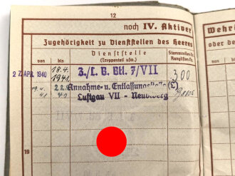 Wehrpaß Luftwaffe, eingestellt am 27.4.1940 bei Luftwaffe Bau Btl. 7.