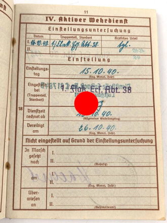 Wehrpaß Luftwaffe,  eingestellt am 15.10.40 bei Flak Ersatz Abteilung 38 Linz.