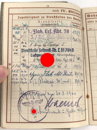 Wehrpaß Luftwaffe,  eingestellt am 15.10.40 bei Flak Ersatz Abteilung 38 Linz.