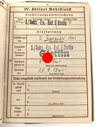 Wehrpaß Heer, eingestellt am 9.9.1941 bei Schützen Ersatz Btl. 5 Stettin.