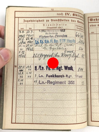 Wehrpaß Luftwaffe, eingestellt am 3.5.41 bei Luftnachrichtenregiment Dresden.