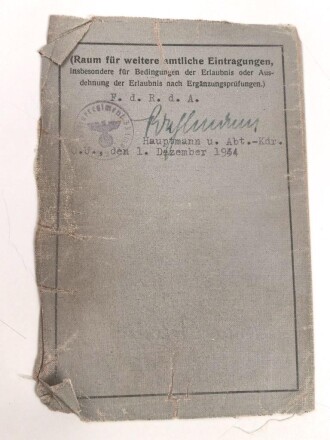 Wehrmacht-Führerschein für einen Angehörigen im  I./Flakregt.33, datiert 1943