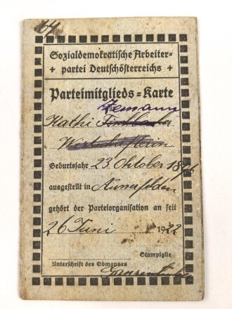 Sozialdemokratische Arbeiterpartei Deutschösterreichs "Parteimitgliedskarte", Angehörig seit 1922