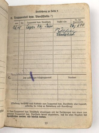 Soldbuch Luftwaffe, ausgestellt am 20.2.1940 bei Flughafen Betriebsstoff Kolonne 4.
