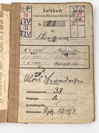 Soldbuch Luftwaffe, ausgestellt am 20.2.1940 bei Flughafen Betriebsstoff Kolonne 4.