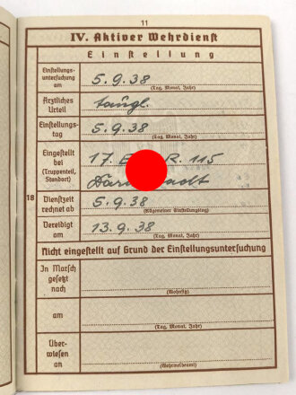 Wehrpaß Heer, eingestellt am 5.9.38 bei Infanterie Regiment 115.