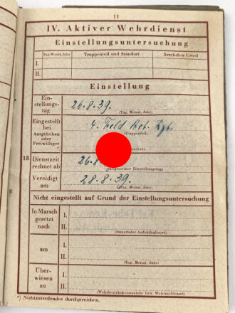 Wehrpaß Heer, Zweitschrift. Eingestellt am 26.8.39 bei Feld Artillerie Regiment 4.