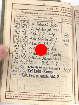 Wehrpaß Heer, Zweitschrift. Eingestellt am 26.8.39 bei Feld Artillerie Regiment 4.