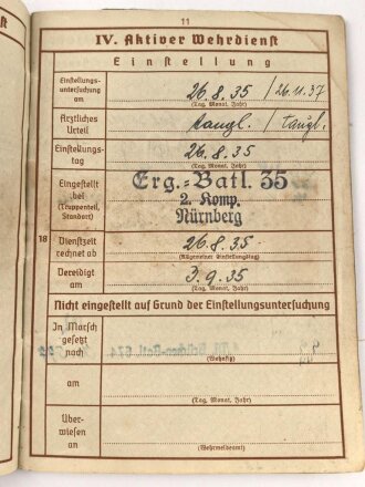 Wehrpaß Heer, eingestellt am 26.8.35 bei Ergänzungs Batl. 35 Nürnberg.