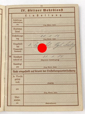 Wehrpaß Heer , eingestellt am  21.1.1915.