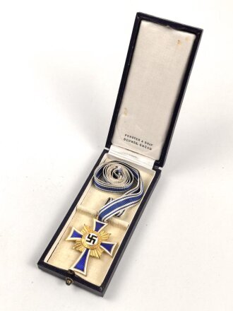 Ehrenkreuz der Deutschen Mutter ( Mutterkreuz ) in Gold mit Band im Etui, Hersteller Forster & Graf Schwäb. Gmünd