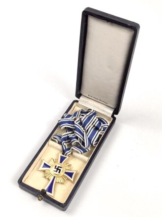 Ehrenkreuz der Deutschen Mutter ( Mutterkreuz ) in Gold mit Band im Etui, Hersteller B.H. Mayer Pforzheim