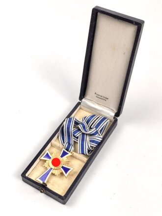Ehrenkreuz der Deutschen Mutter ( Mutterkreuz ) in Gold mit Band im Etui, Hersteller Friedrich Linden Lüdenscheid