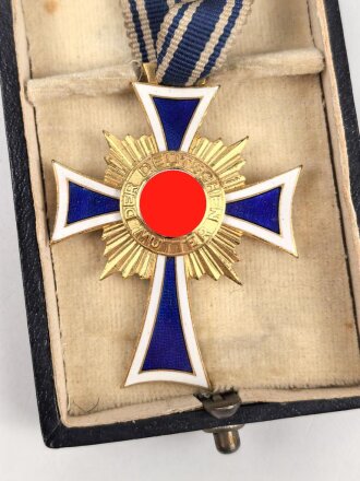 Ehrenkreuz der Deutschen Mutter ( Mutterkreuz ) in Gold mit Band im Etui, Hersteller R. Hauschild Pforzheim