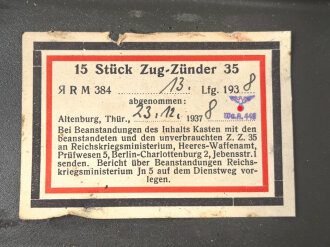 Transportkasten "15 Stück Zug-Zünder 35" datiert 1938