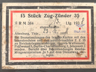 Transportkasten "15 Stück Zug-Zünder 35" datiert 1938