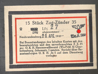Transportkasten "15 Stück Zug-Zünder 35" datiert 1940