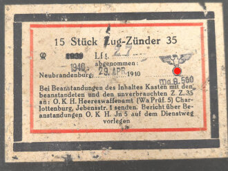 Transportkasten "15 Stück Zug-Zünder 35" datiert 1940