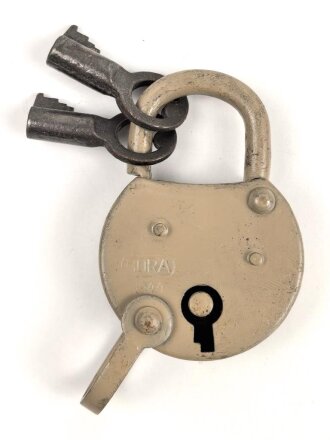 Wehrmacht Vorhängeschloss "Bora 1944", Originallack, Neuwertig mit zwei Schlüsseln, so auch an den Motorradpacktaschen verwandt