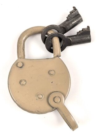 Wehrmacht Vorhängeschloss "Bora 1944", Originallack, Neuwertig mit zwei Schlüsseln, so auch an den Motorradpacktaschen verwandt