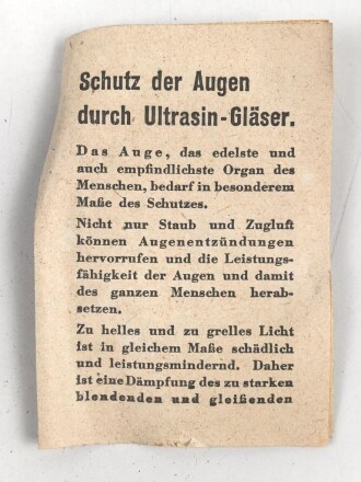 Allgemeine Schutzbrille Wehrmacht in Hülle aus Ersatzmaterial. Umbral Gläser ( getönt) , mit beiliegendem Hinweiszettel, dieser mit Druckvermerk von 1942