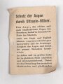 Allgemeine Schutzbrille Wehrmacht in Hülle aus Ersatzmaterial. Umbral Gläser ( getönt) , mit beiliegendem Hinweiszettel, dieser mit Druckvermerk von 1942