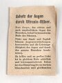 Allgemeine Schutzbrille Wehrmacht in Hülle aus Ersatzmaterial. Umbral Gläser ( getönt) , mit beiliegendem Hinweiszettel, dieser mit Druckvermerk von 1942