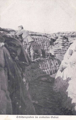 1. Weltkrieg, Ansichtskarte "Schützengraben im eroberten Gebiet"