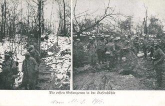 1. Weltkrieg, Ansichtskarte "Die ersten Gefangenen in der Hasenhöhle"