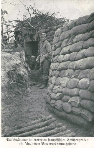 1. Weltkrieg, Ansichtskarte "Sandsackmauer im...