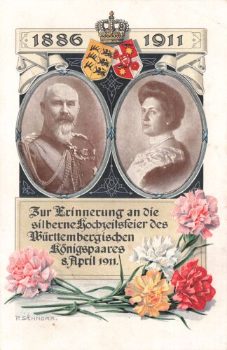 1. Weltkrieg, Ansichtskarte "Zur Erinnerung an die silberne Hochzeitsfeier des Württembergischen königspaares 8. April 1911"