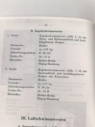 Luftwaffe , D. (Luft) T. 5202 "Fl. Schwimmwesten" datiert 1941, 27 Seiten, DIN A5, Nachdruck