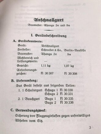 Luftwaffe, L. Dv. 289 "Gerätevorschrift für Anschnallgurt" datiert 1944, 8 Seiten, DIN A5, Nachdruck