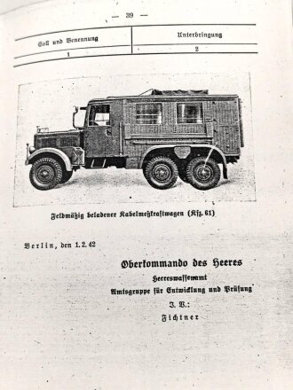 D 713 "Gerätenachweis für einen Kabelmeßtrupp b (mot)" datiert 1942, 60 Seiten, DIN A5, , neuzeitliche Kopie