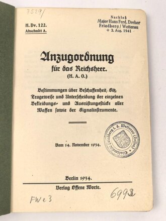 H.Dv. 122. "Anzugsordnung für das...