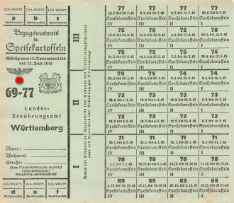 "Bezugsausweis für Speisekartoffeln" des Landesernährungsamt Württemberg , gültig vom 26.4. bis 29.4.1945, DIN A5