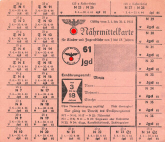 "Nährmittelkarte für Kinder und Jugendliche von 3 bis 18 Jahre" der Stadt Merzig , gültig vom 3.4 bis 20.4.1944, DIN A5