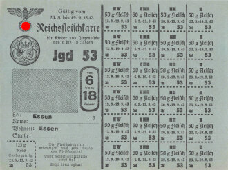 "Nährmittelkarte für Kinder und Jugendliche von 3 bis 18 Jahre" der Stadt Essen, gültig vom 23.8 bis 19.9.1943, DIN A6