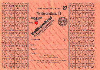"Reichsbrotkarte B" der Stadt Essen, gültig vom 25.8. bis 21.9.1941, DIN A5