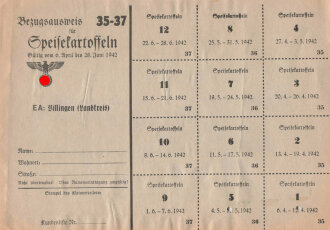 "Bezugsausweis für Speisekartoffeln" des Landkreises Villingengültig vom 6. April bis 28. Juni 1942, DIN A5, Rückseite ein Zeitungsartikel von 1944